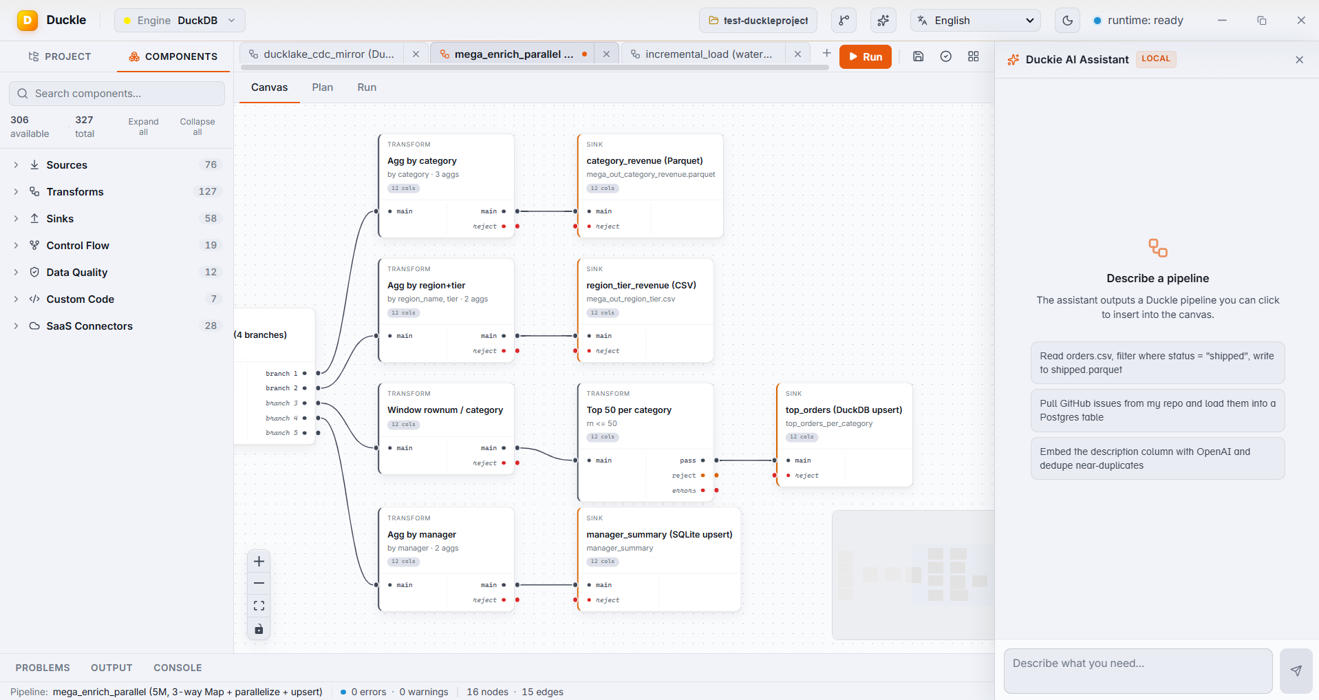 The Duckie AI assistant panel beside the canvas and component palette